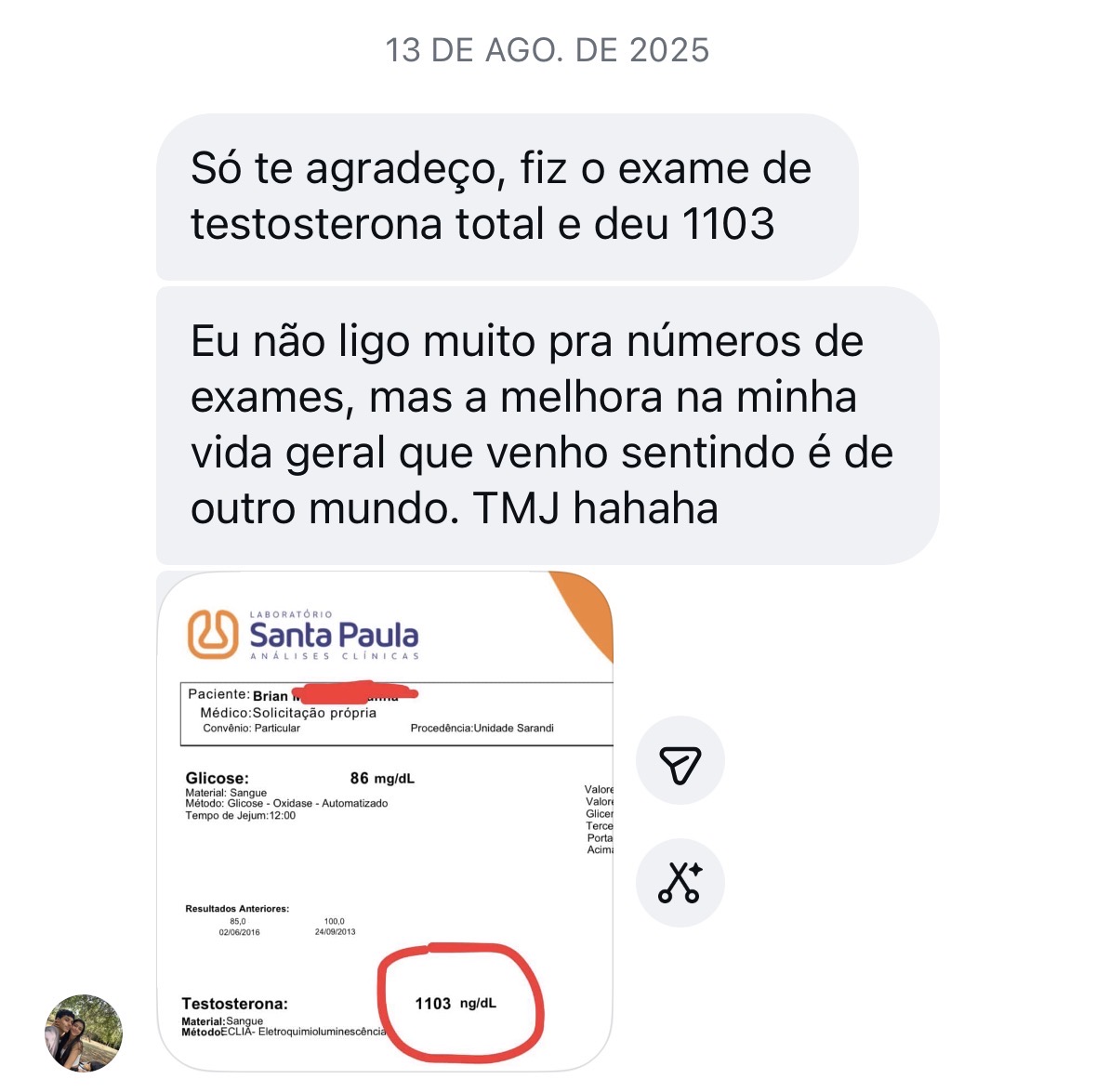 Mensagem com exame mostrando testosterona total de 1103 ng/dL