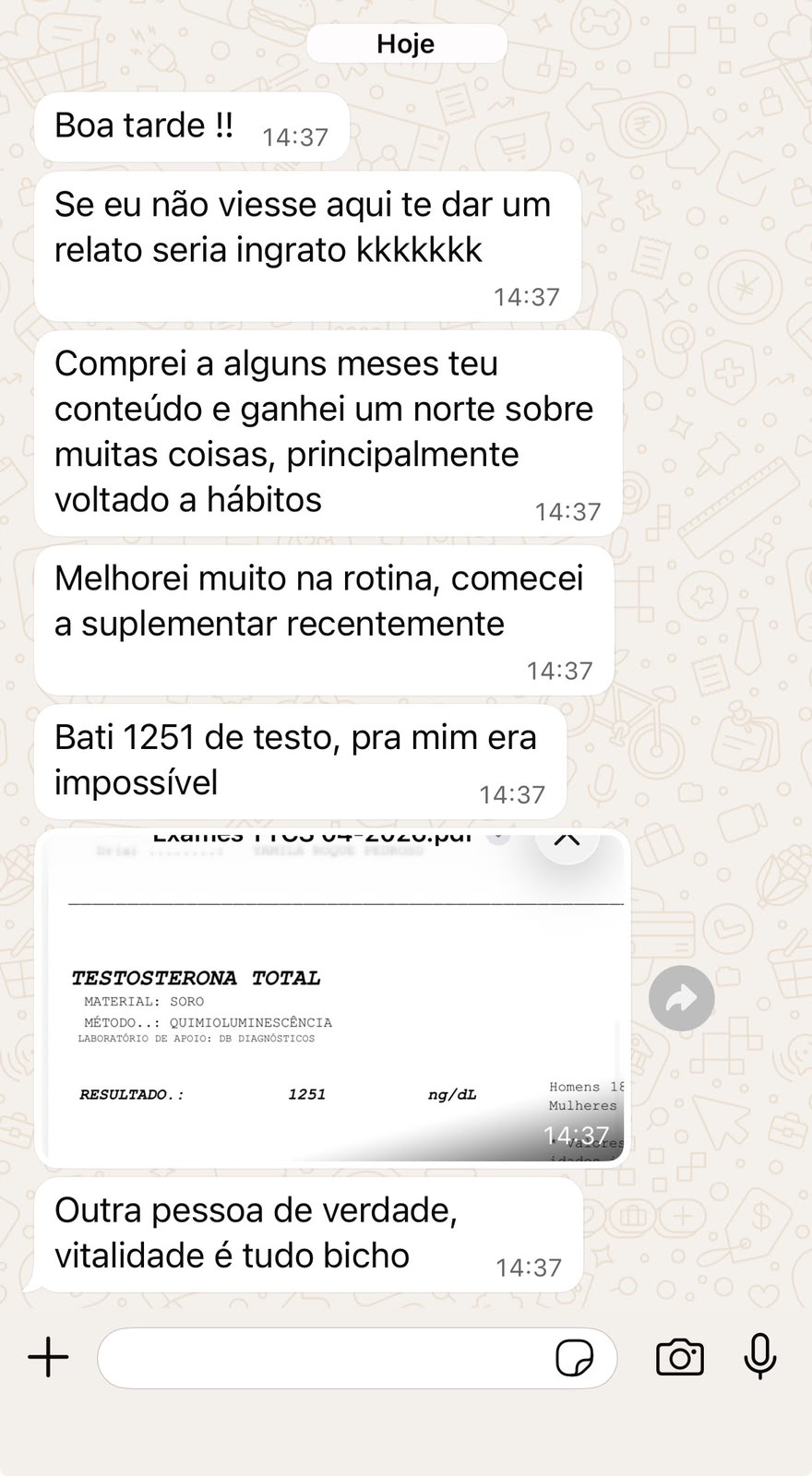 Mensagem com exame mostrando testosterona total de 1251 ng/dL