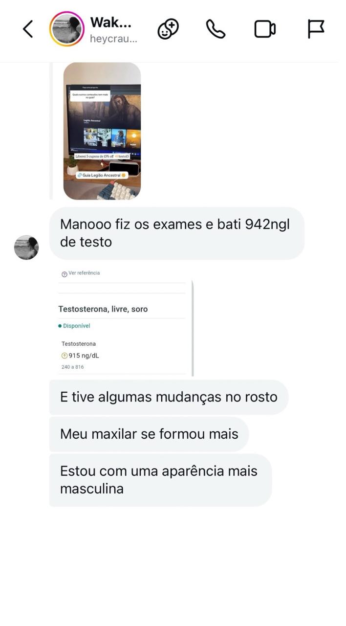 Mensagem relatando testosterona de 942 ng/dL e mudanças no rosto