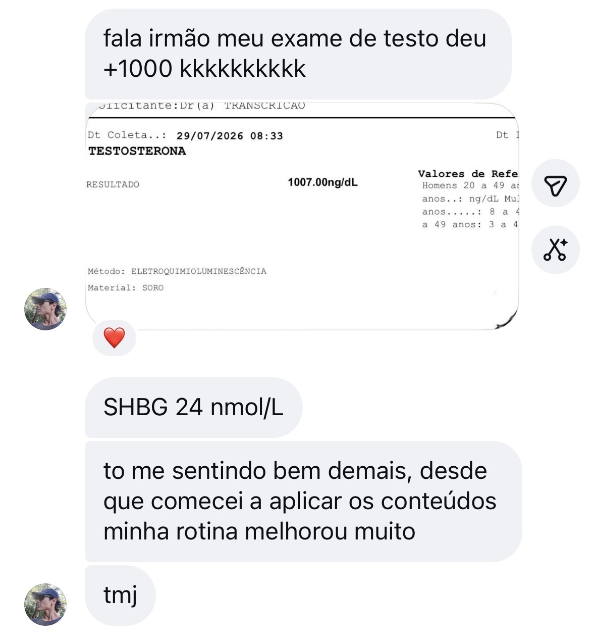 Mensagem com exame mostrando testosterona de 1007 ng/dL